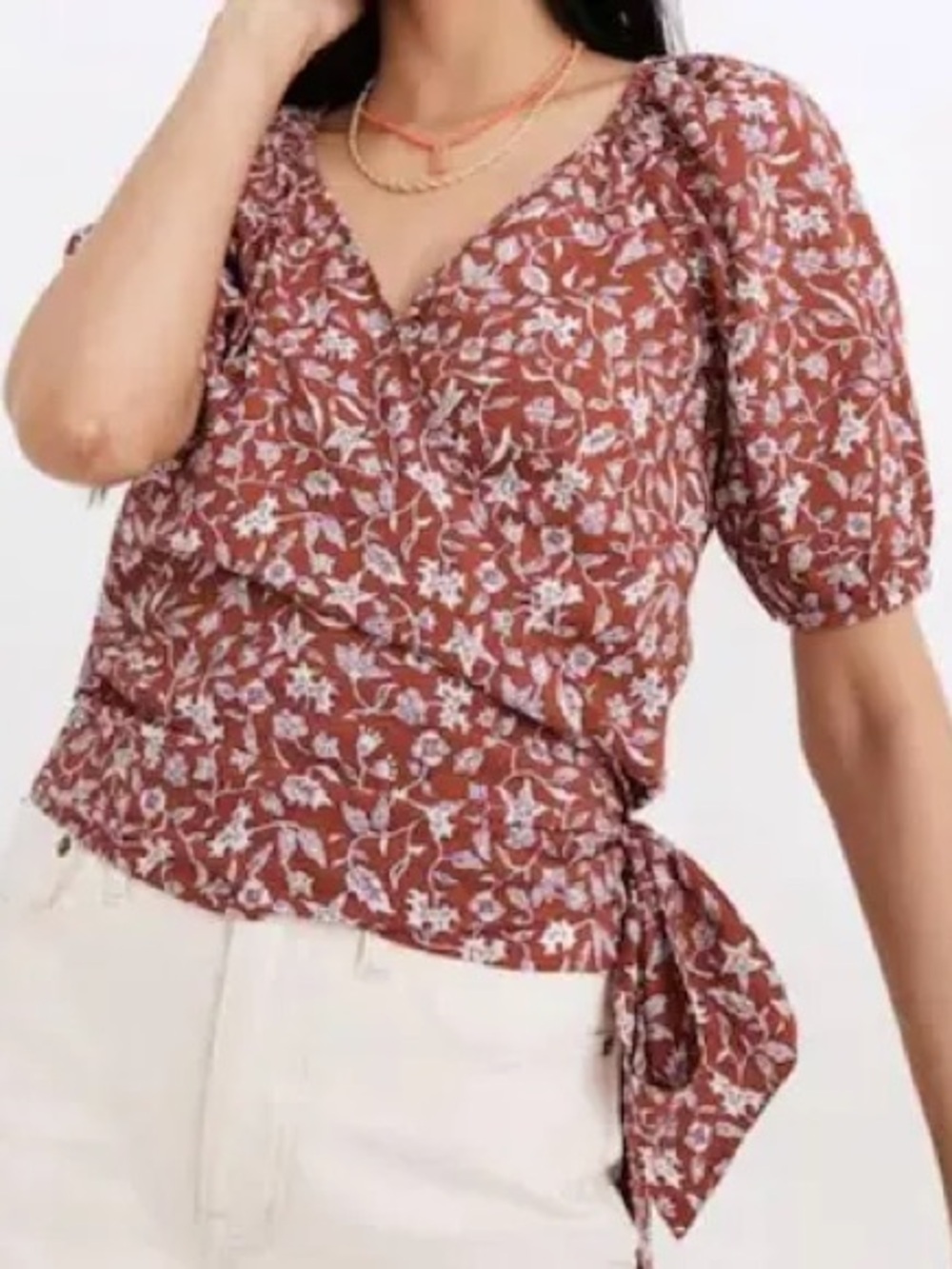 Madewell Puff-Sleeve Wrap Crop Top Batik Vine Blouse XS women’s short sleeve